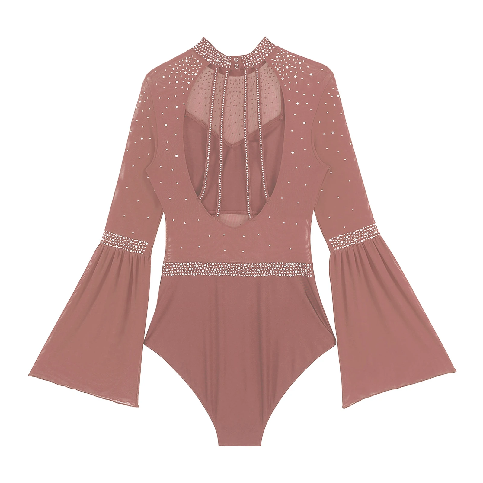 Damen Eiskunstlauf Rhythmische Gymnastik Performance Kostüm Flare Sleeve Sparkly Strass Ballett Tanz Trikot Tanzbekleidung – Detail 40