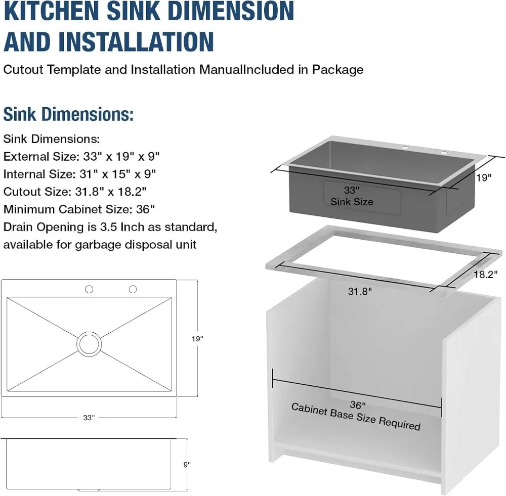 33x19 Drop-in Kitchen Sink 9