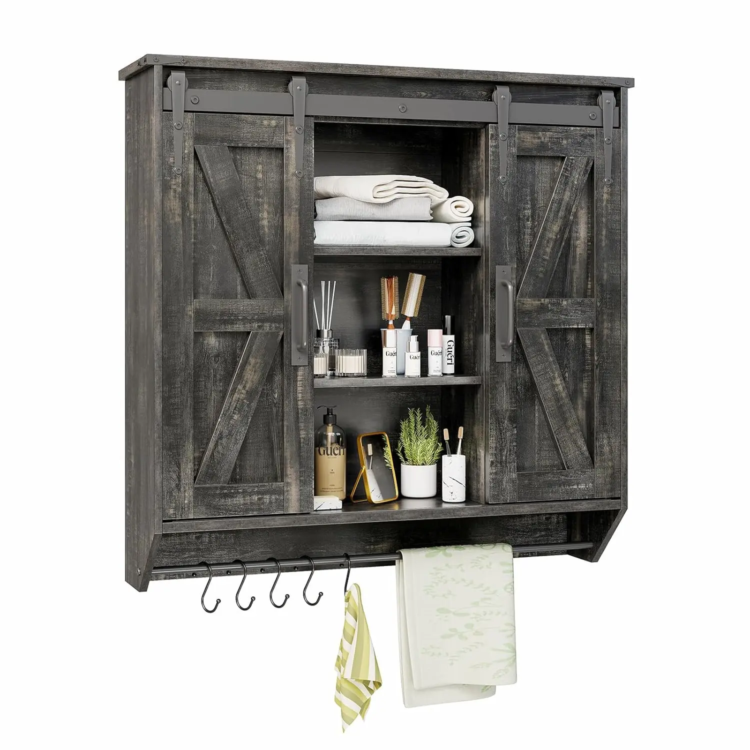 

Farmhouse Medicine Cabinet 2 Sliding Barn Doors 3 Tier Rustic Wood Wall Storage Cabinet Adjustable Shelf Towel Bar, Customized