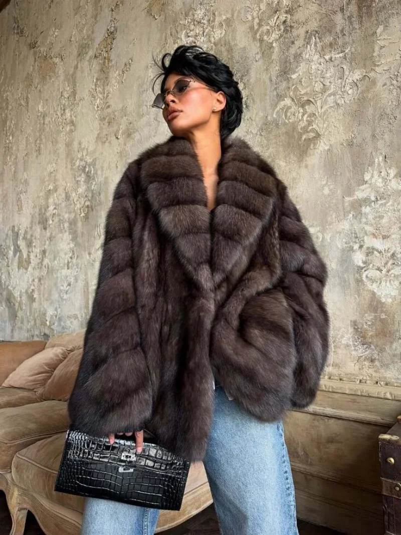Women's Elegant Fake Fur Jacket Fashion Winter New Sleeve Bell Lapel Long Sleeve Coat Luxury Daily High Street Lady Outwear