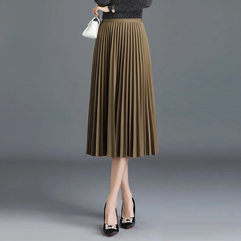 Pleated Skirt Elegant Elastic High Waist A-LINE Office Ladies Work Midi Long Skirt Black Green Grey Autumn Winter Women's Skirt