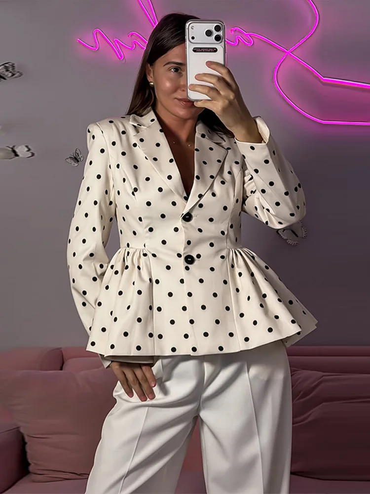 Gepunktete Taillenbetonte Mäntel für Damen Eleganter Revers Langarm Einreihiger Plissierter Schlanker Blazer Schicke Büro-Damen Neue Oberbekleidung – Detail 10