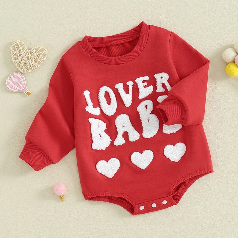 

Suefunskry Baby Girls Boys Sweatshirt Romper Valentine's Day Letter Heart Fuzzy Embroidered Long Sleeve Bodysuit Spring Clothes