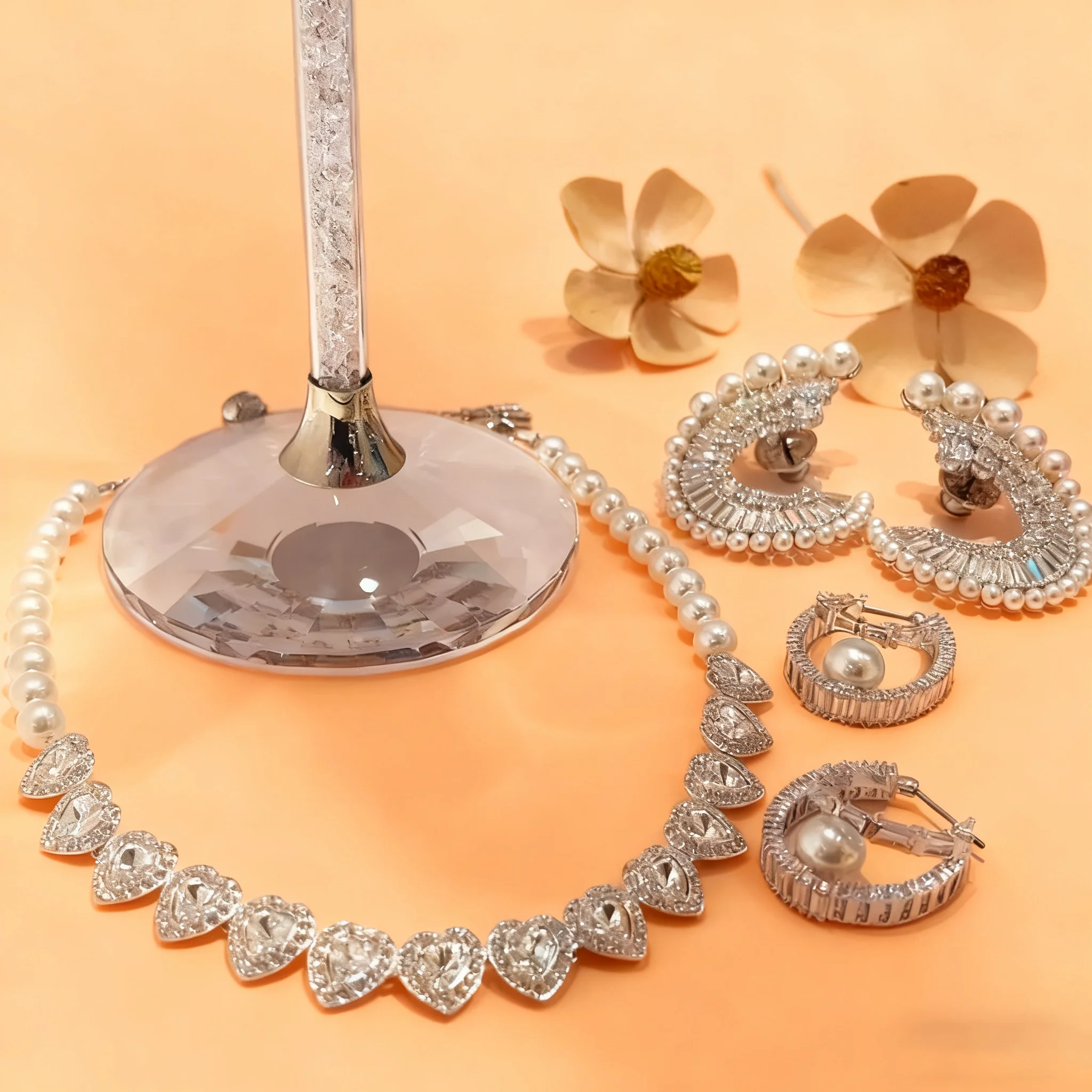 

2025 New Trend Fine Wedding Jewelry Set Charm Silver Heart shaped Crystal Luxury Pearl Necklace Earrings Romantic Gift for Women