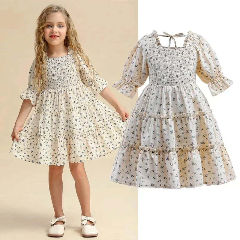 Kids Girl Summer New Puff Sleeves Dress Flower Print Princes Dresses Kid Daily Comfortable Casual Clothes for Children Girl 3-8Y