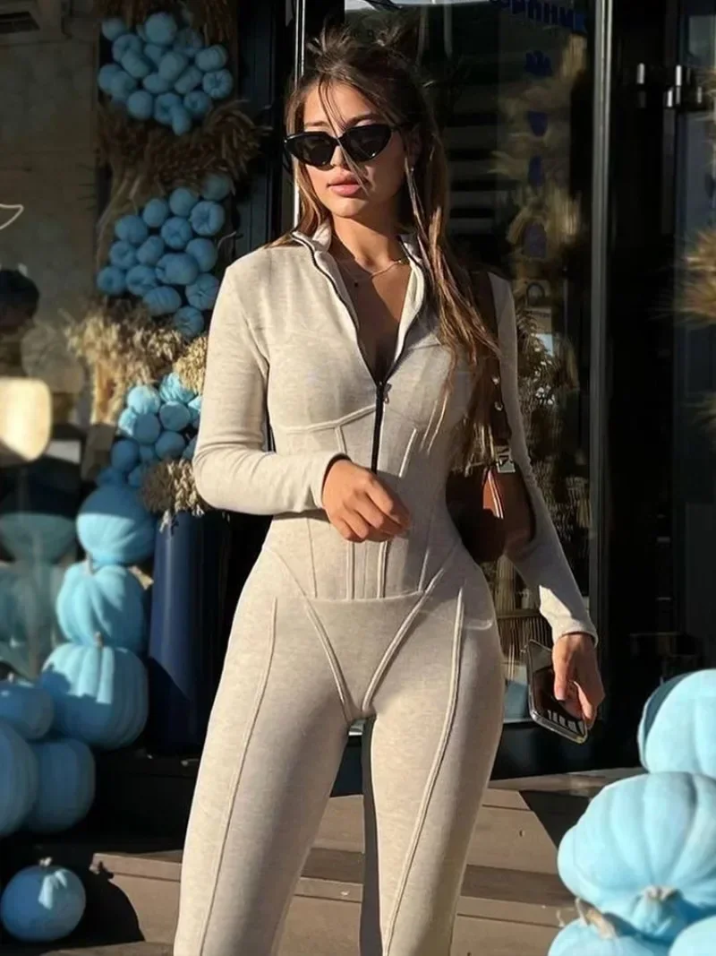 Women's Zip-up Sports Fitness Jumpsuits Autumn Winter Long Sleeve High Waist Bodysuits Female Solid Tunics Skinny Yoga Overalls