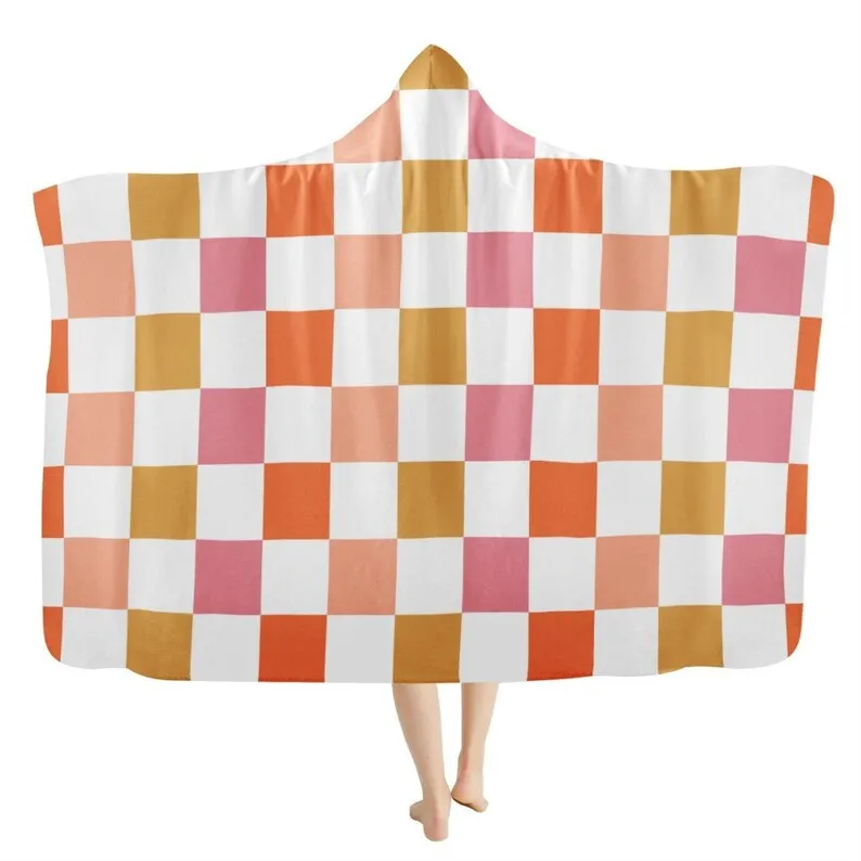 Groovy Retro Checkerboard Hooded Blanket - Fun Old School Throw Blanket, Checkered Design, Vintage Wearable Blanket, Funky Check