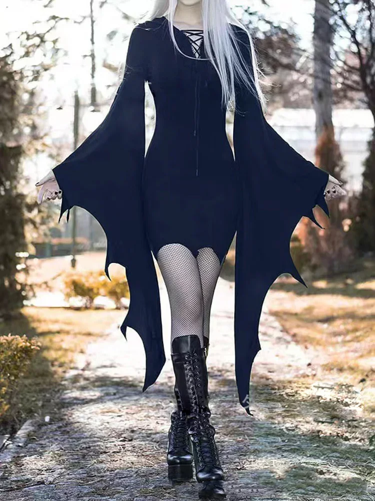 Vestido negro de cintura alta para mujer, minivestido gótico con manga de murciélago, Estilo Vintage, elegante