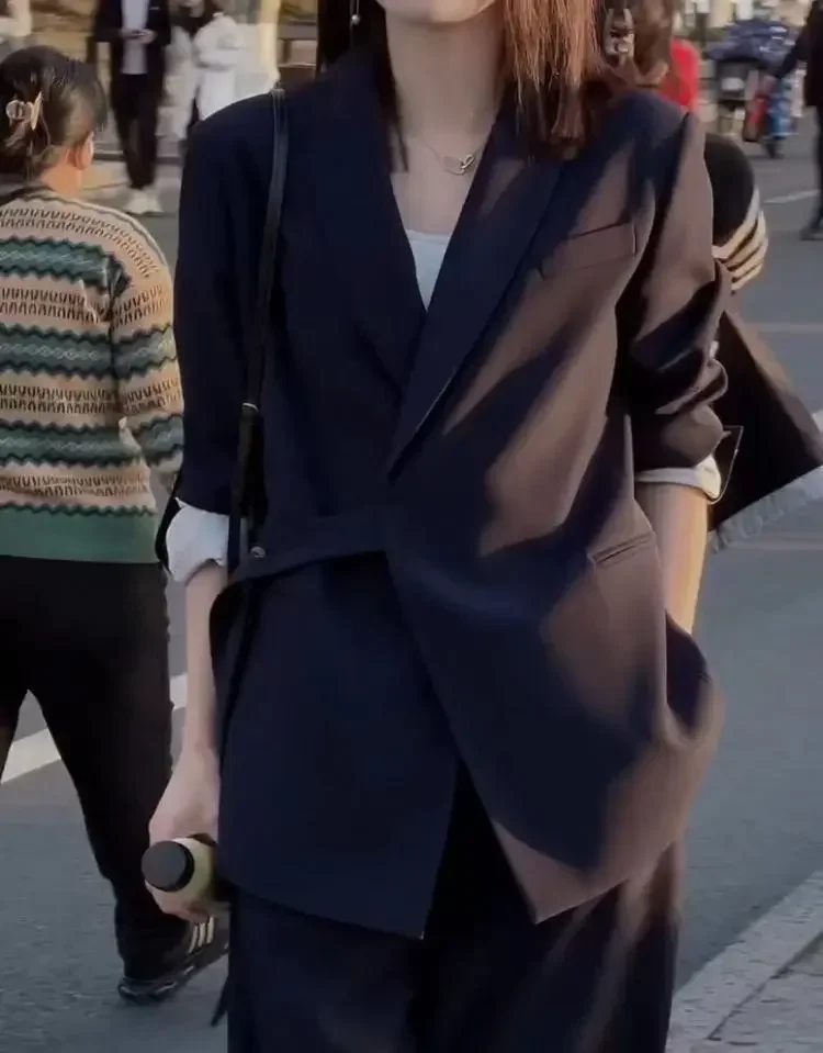 Office Lady Blazer Set Elegant Lace Up Long Sleeve V-neck Coat High Waist Straight Pant Suit 2023 Casual Loose Autumn Women Sets