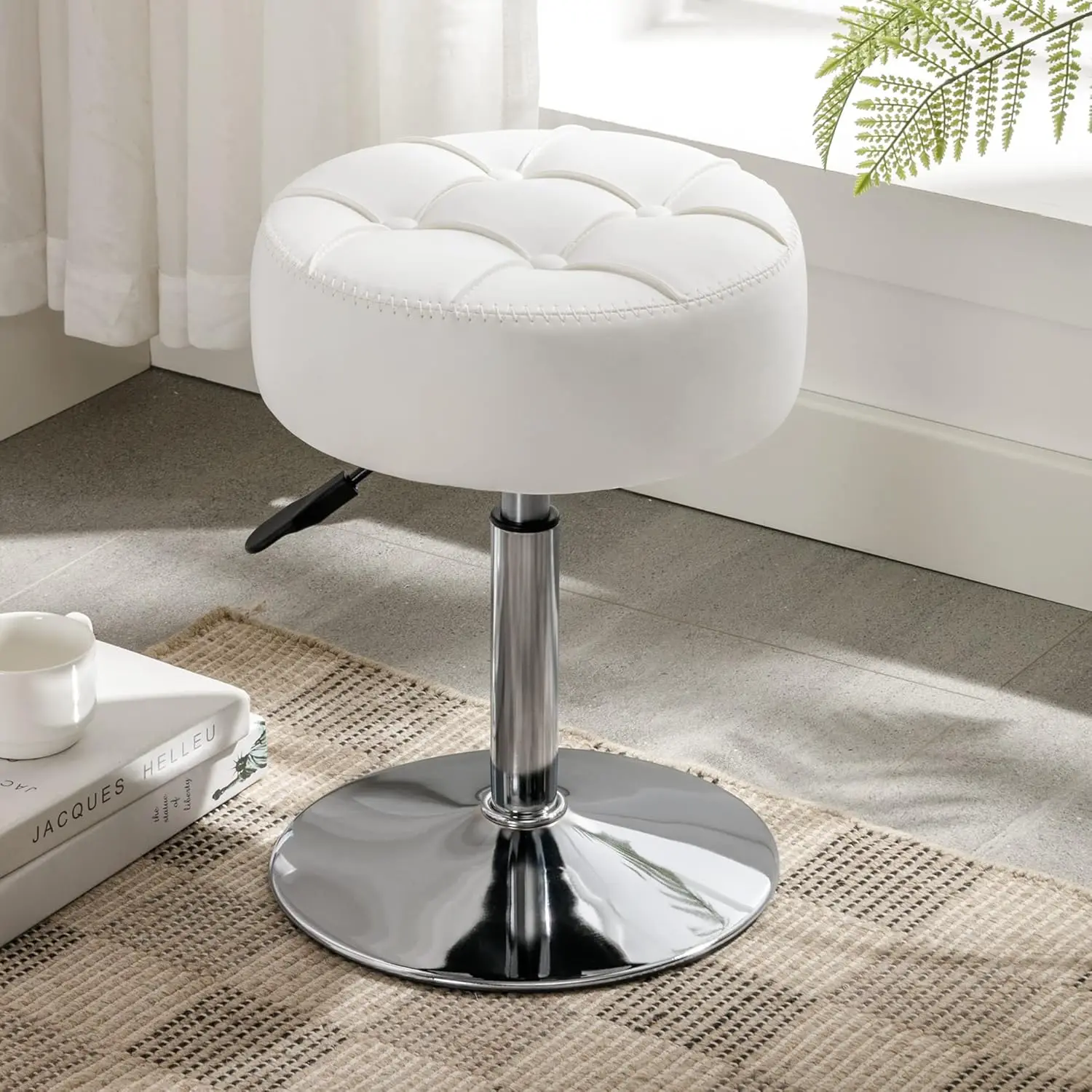 Adjustable Vanity Stool with 360 Swivel, White Faux Leather Chair for Makeup Room, Bathroom & Living Room