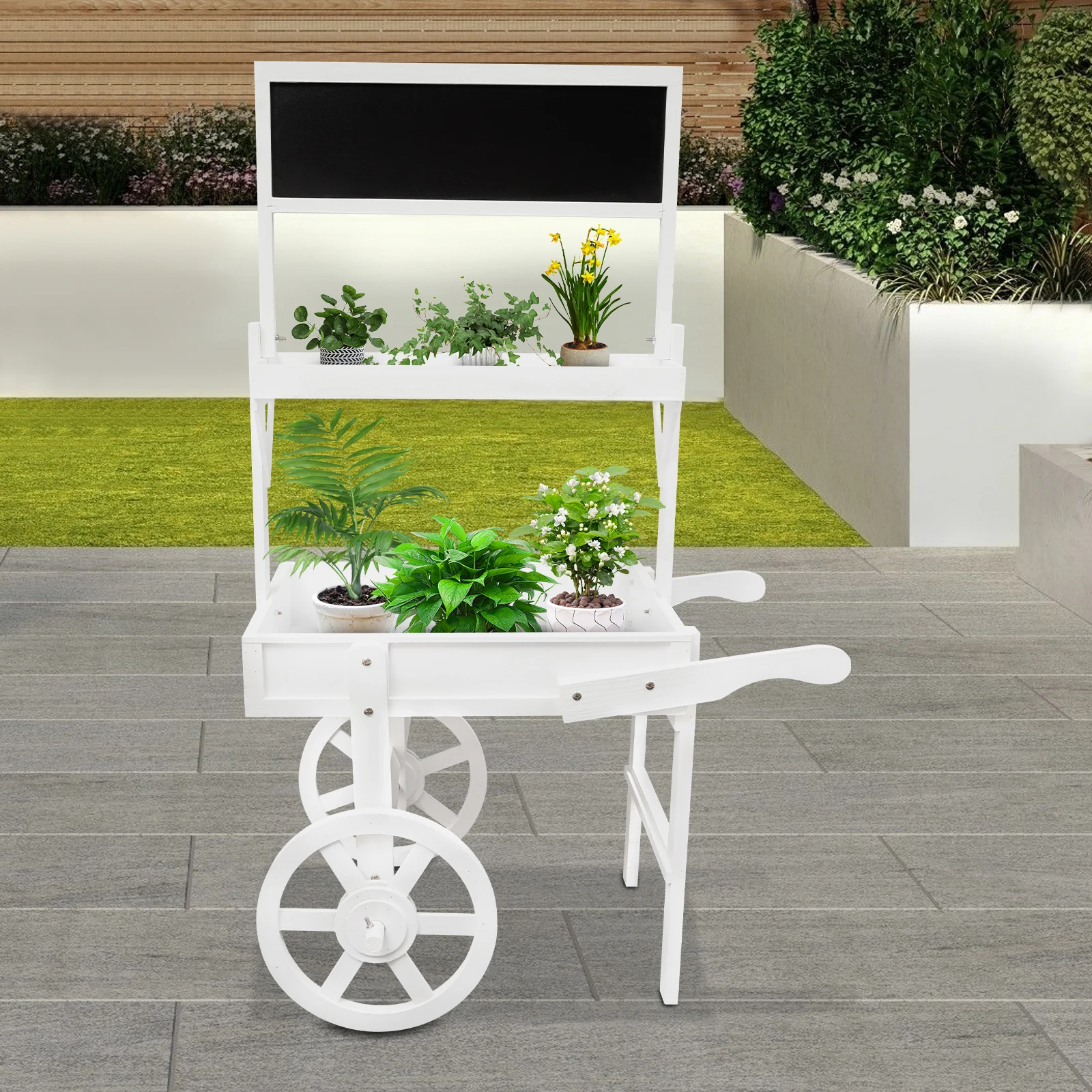 

Plant Flower Rack with Blackboard, Flower Pots Holder Display with Decoration Wheels，Shopping mall promotional vehicles，