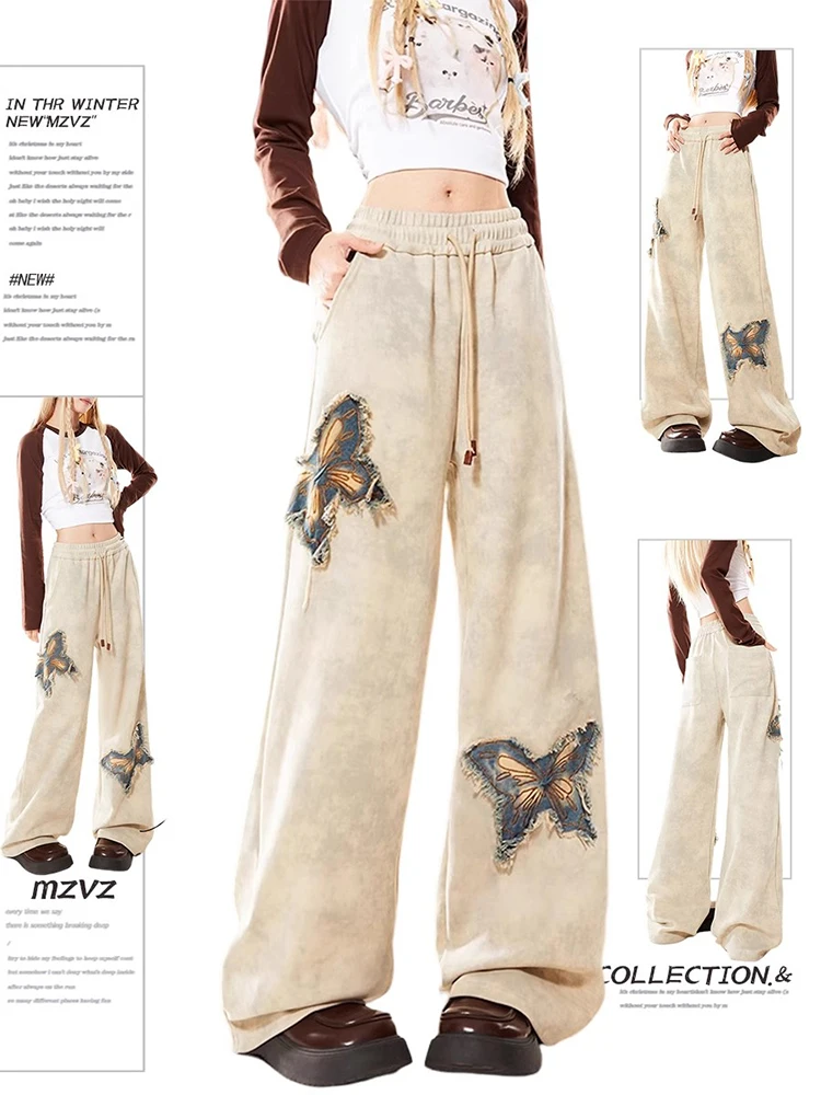 Women High Waist Vintage Straight Pants Autumn New Y2K Casual Pants Streetwear  Butterfly Wide Leg Pants Loose Trouser