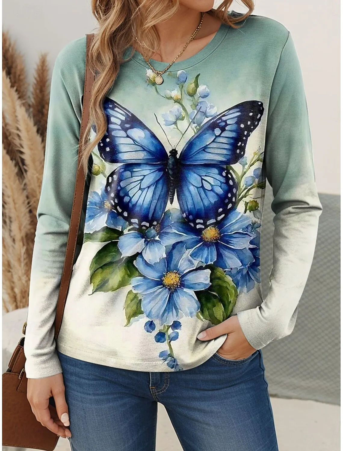 

Women's T-Shirts Floral Graphic Butterfly Tees Fashion Stylish Long Sleeve Crew Neck Regular Tops Summer Casual Pullover