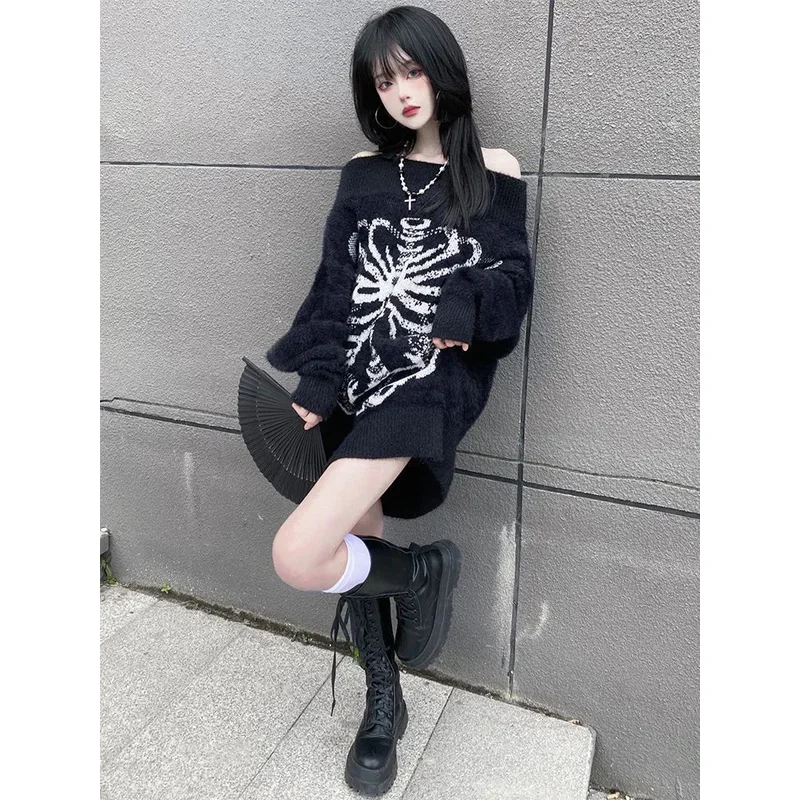 KOSAHIKI Grunge Sweater Fashion Streetwear Y2k Aesthetic Black sweater Skull Print Gothc Women Jumper Harajuku Loose Knitwear