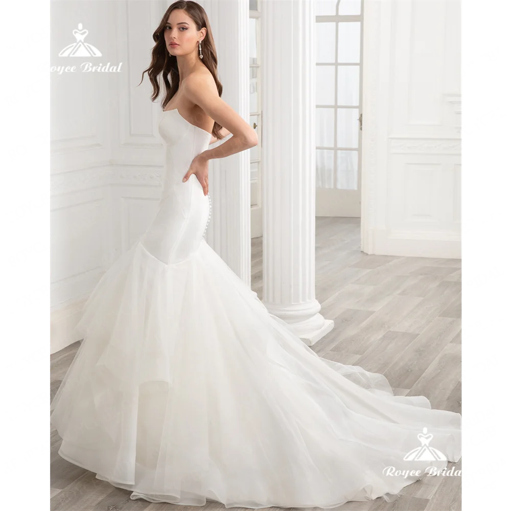 Roycebridal-Robe de Mariée Sirène Sans Bretelles en Satin, Tenue de Mariage Blanche, Dos aux, avec Traîne Courte, 2025