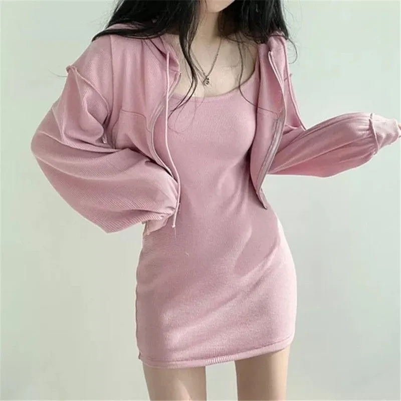 Dress Sets Women Solid Chic Knitted Mini Skirts Hip Wrap Short Hoodies Zipper Ulzzang Students Preppy Hot Sexy Streetwear Female