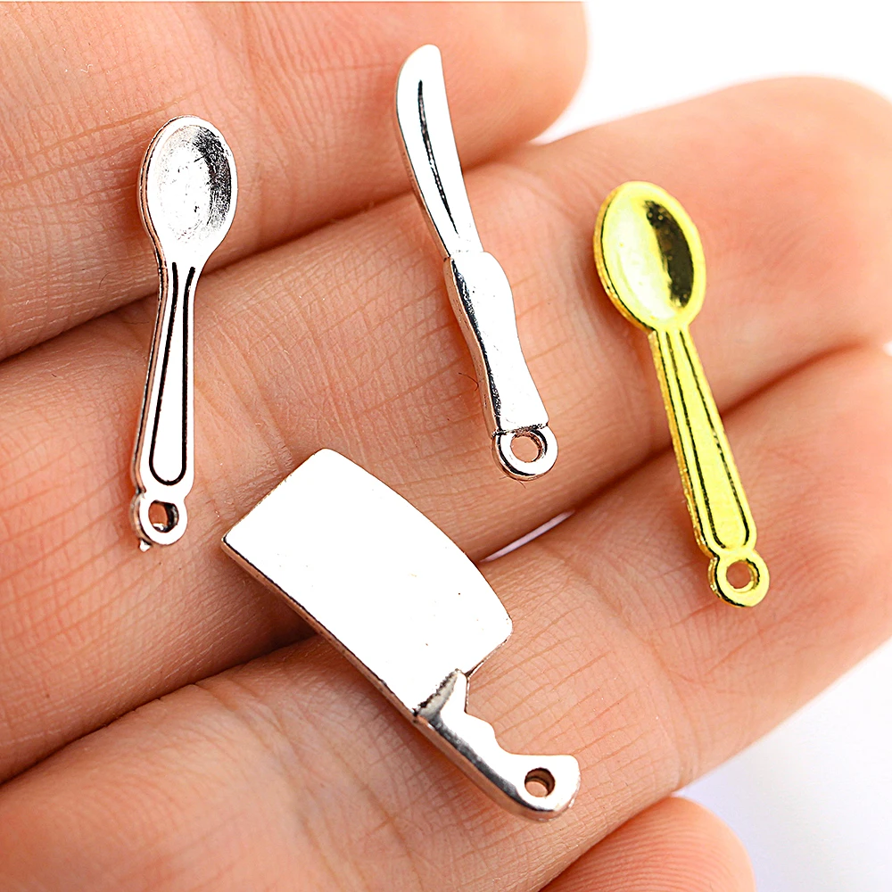 28pcs 20X8mm Antique Tibetan Silver Gold Color Charms Bracelet Necklace Pendant New Fashion Spoon Kitchen Knife