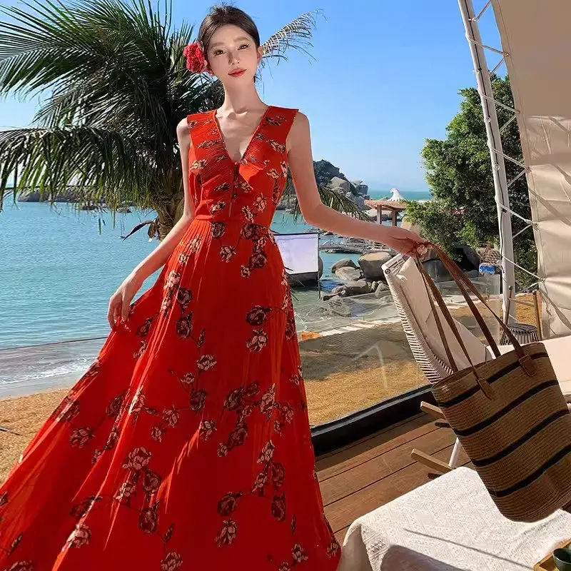 

High End V-Neck Pleated Lace Up Dress Summer Temperament Sleeveless Printed Chiffon Seaside Beach Long Dress For Women K1627