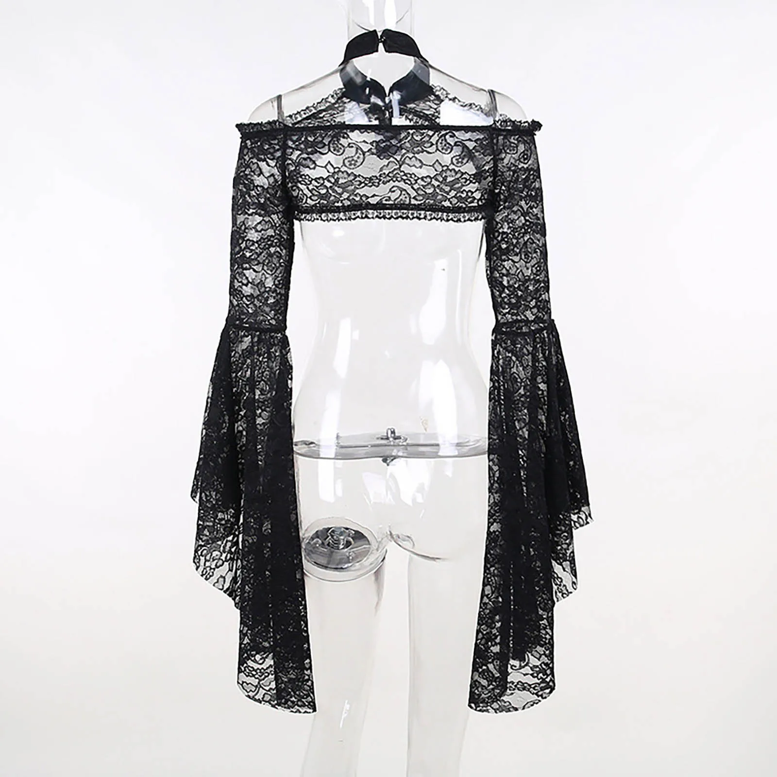 Vintage Gothic Lace T-shirt Women Flare Sleeve See Through Sexy Shrug Crop Tops for Halloween Theme Party Masquerade Performance