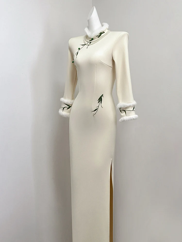 

White Velvet Thiened Long Sve Qipao Dr Young Sle Wedding Dr High Quali Sensation New 2025 Chinese Sle