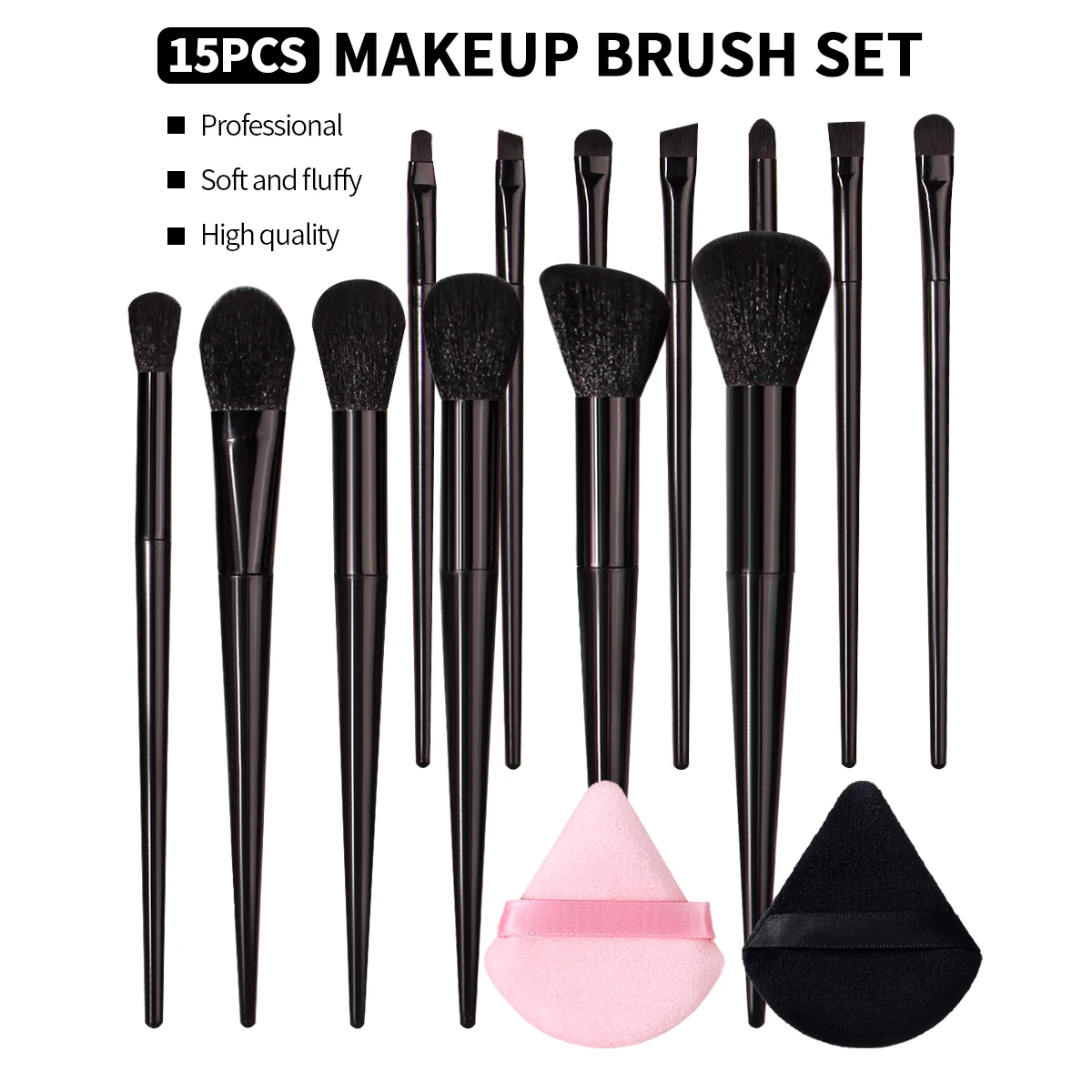 15-teiliges professionelles Make-up-Pinsel-Set, weiche, flauschige Kosmetikpinsel mit dreieckigem Puderquasten für Gesicht, Augen und tägliches Make-up.