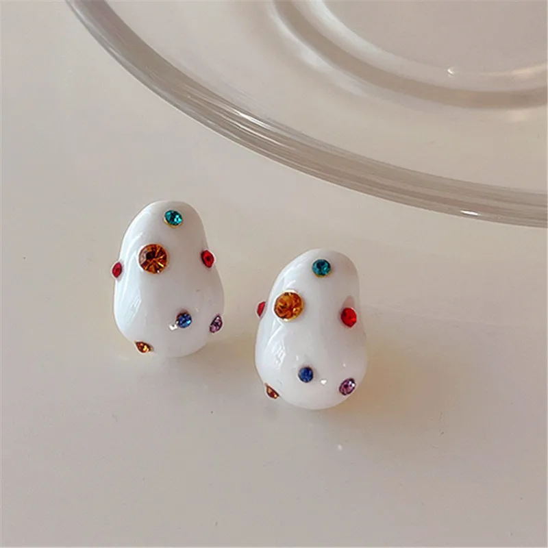 Fashion Designers Irregular White Stud Earrings With Colorful Rhinestones Personality New Pendientes Mujer