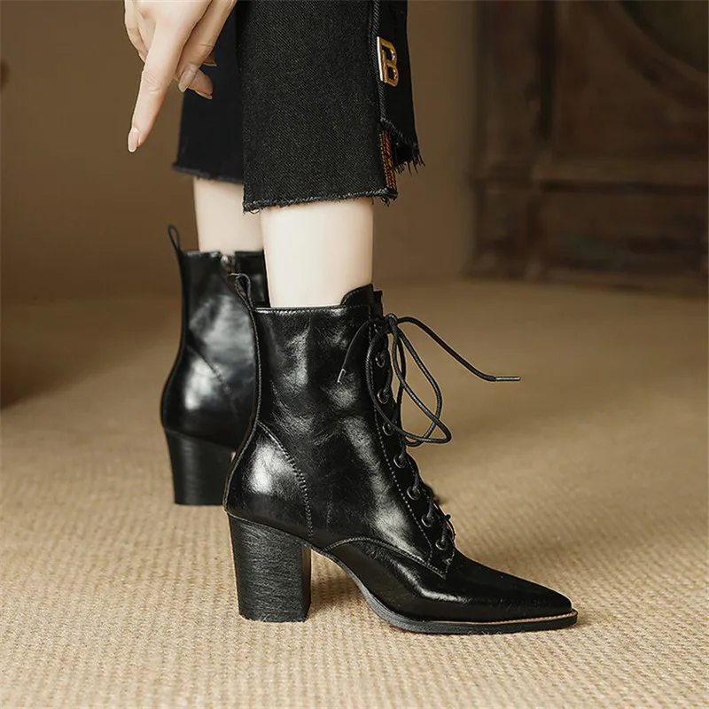 2023 Autumn Split Leather Lace High Heel Women Boots Pointed Toe Chunky Heels Short Boots for Women Winter Boots Zapatos Mujer