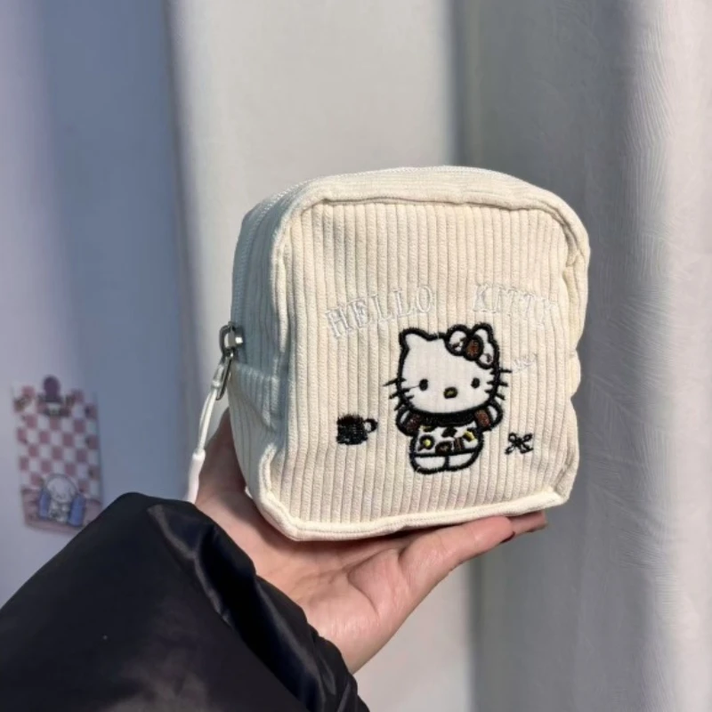 Corduroy Hello Kitty handbag small makeup bag Corduroy makeup bag portable travel storage bag Kawaii women's grooming bag view 4