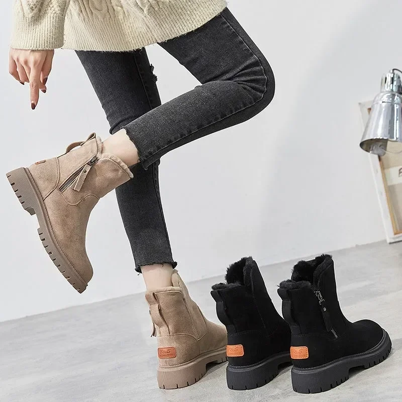 Botas de nieve cálidas de terciopelo para mujer, Botas de algodón de tubo corto con borlas y cremallera, zapatos de algodón, versión coreana,