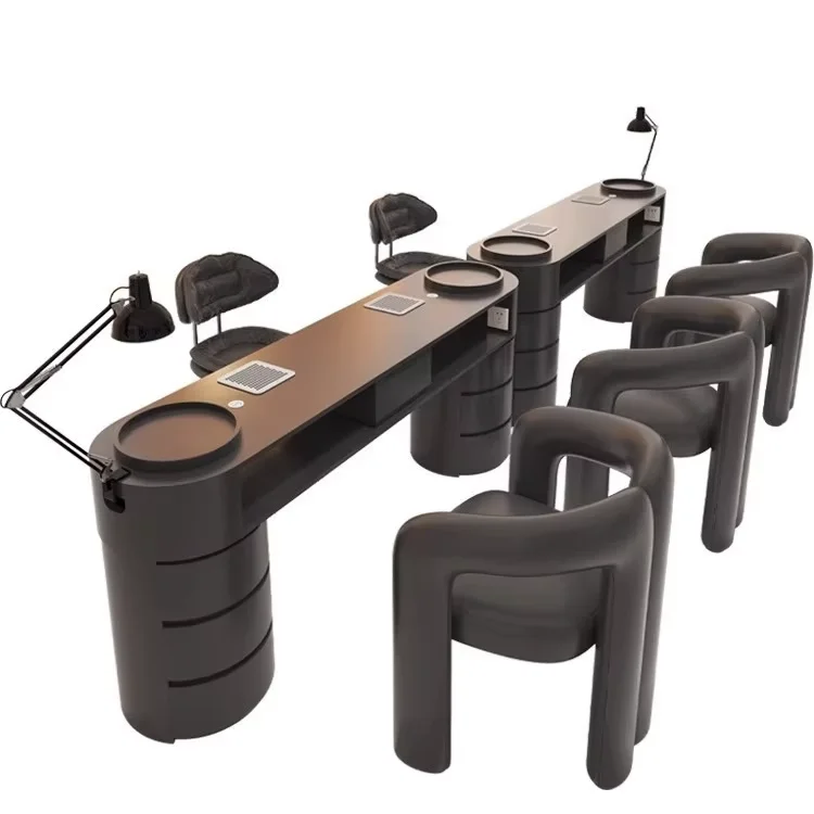 Nail Techcician Table and Chairs Set Modern Nail Tech Table with Dust Collector and Nail Lamp Black Style Wooden Salon Furniture