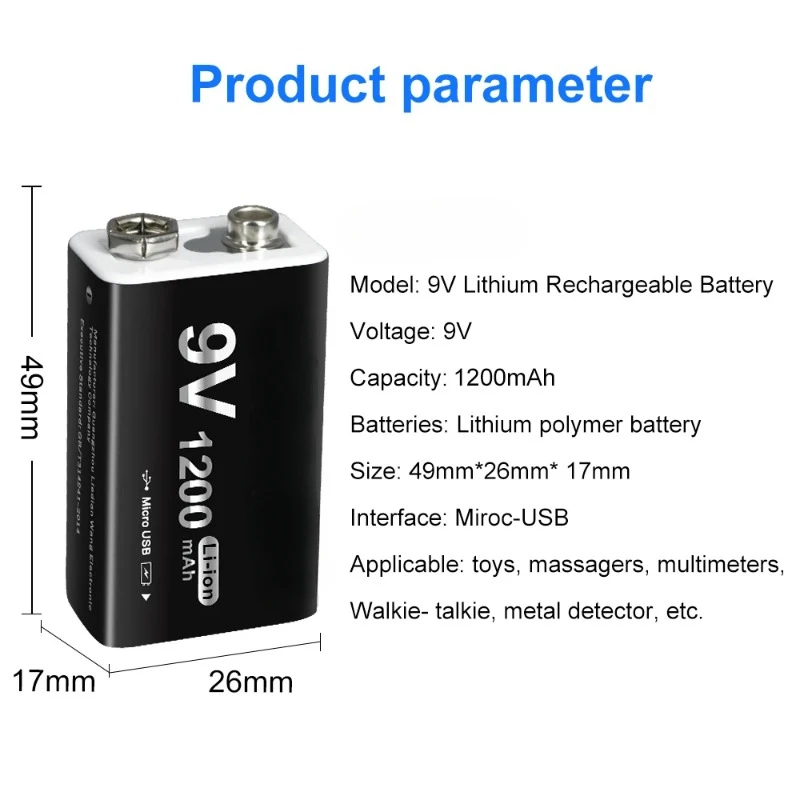 1200mAh Li-Ion 9V แบตเตอรี่ชาร์จ Crown 9 โวลต์สําหรับไมโครโฟนเครื่องตรวจจับโลหะพร้อมพอร์ตชาร์จ USB Bateria