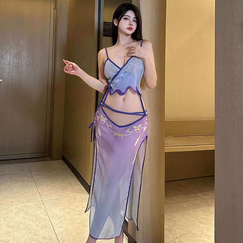 Chinese Sexy Lingerie Clothes Women Cosplay Costumes See Through Retro Style Hanfu Skirt Temptation Roleplay Dancer Set 3colors view 2