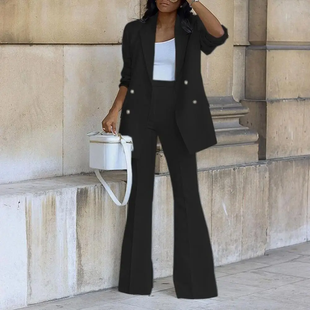 Lady Wide Leg Trousers Stylish Women's Formal Commute Outfit Double-breasted Coat Pants Set with Mid Length Cardigan Long Sleeve