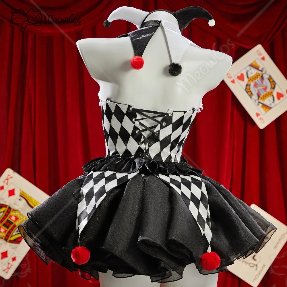 Meowcos.com Women's Moonlit Jester Gothic Plaid Clown Corset Skirt Set Black White Diamond Pattern Top and Puffy Skirt Halloween view 4