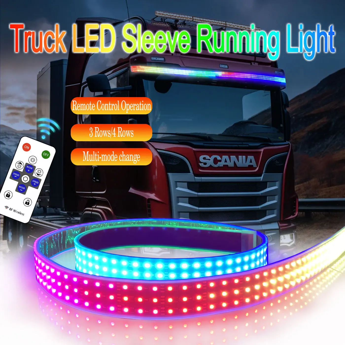 

24V Truck Flowing Streamer Light Strip RGB 64 Color Visor Dynamic Decorative Light 3 rows 4 rows Atmosphere Light Remote Control