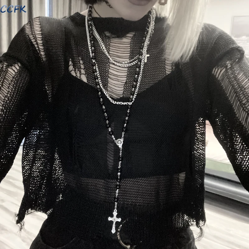 Emo Gothic Pullover Women Summer Loose Thin Sweater E-girl Mall Goth Punk Hollow Out Top Hip Hop Steampunk Clothes Aesthetic