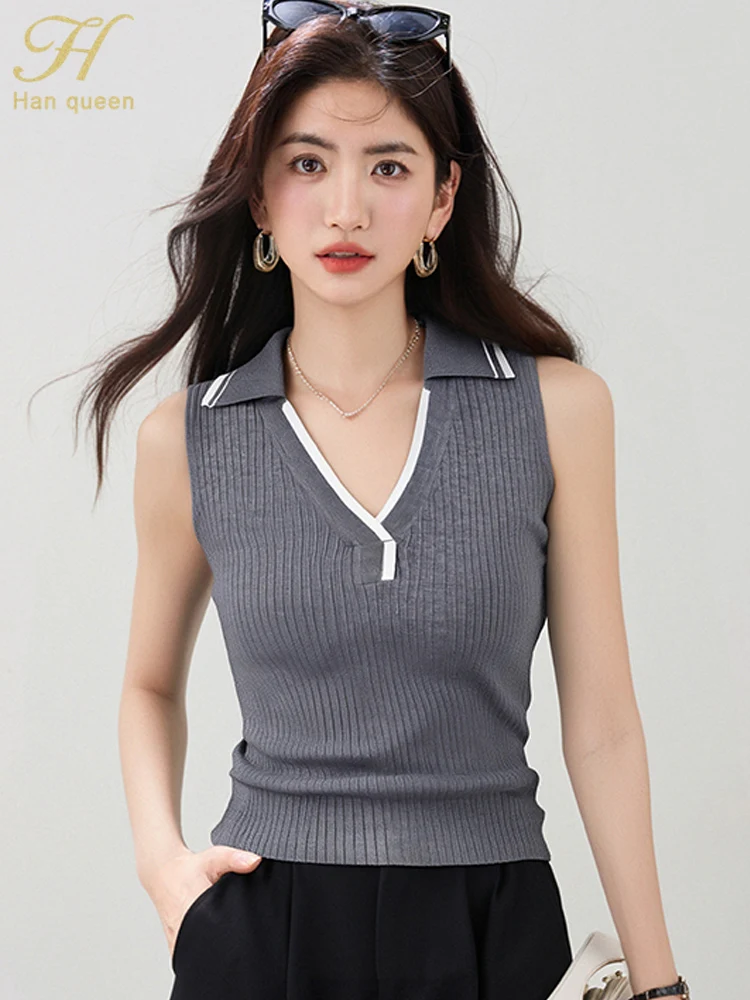 

H Han Queen 2025 Summer Knit Vest Basic Pullovers Sweaters Women's Chic Fashion Elegant Simple Casual Tops Korean Woman Clothing