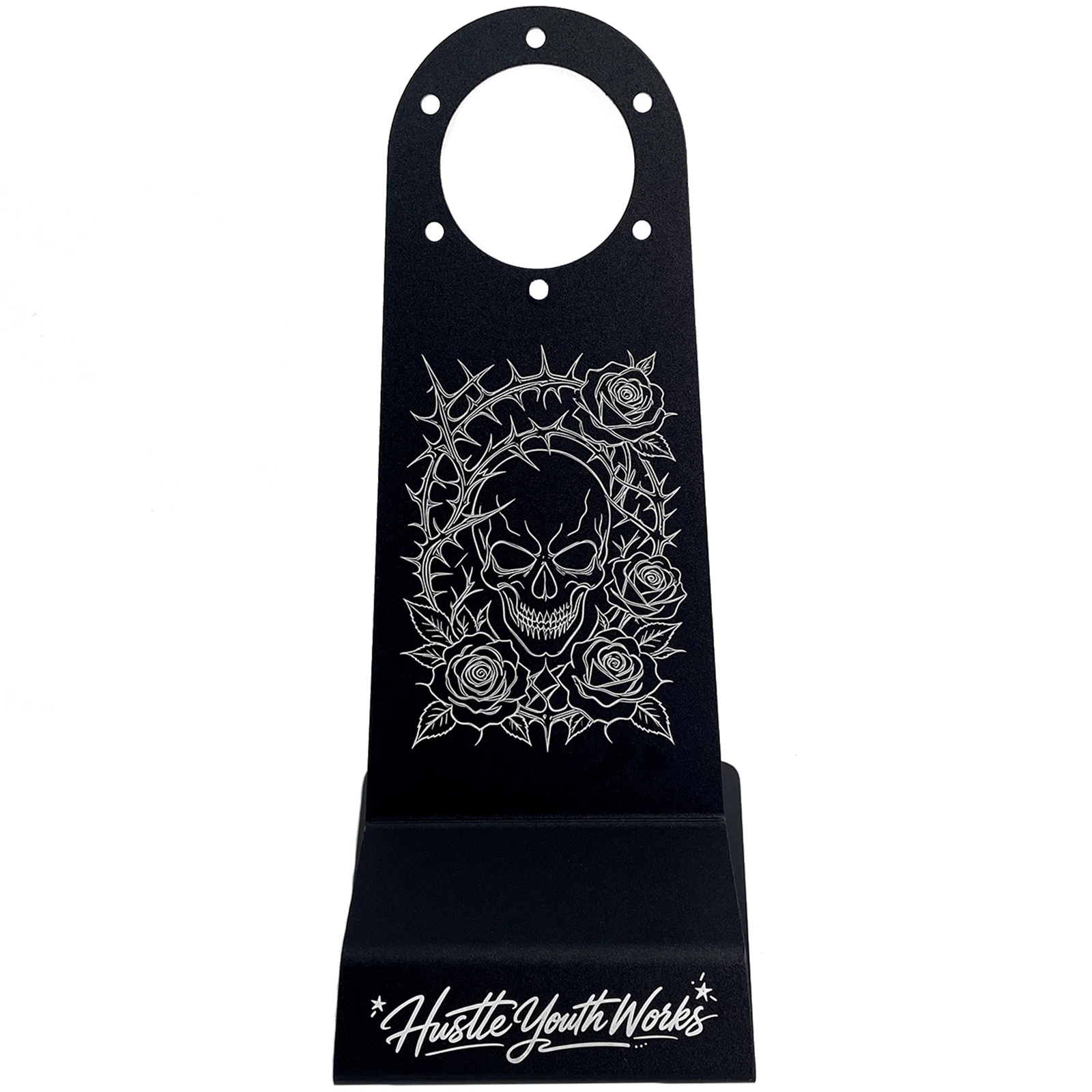 Universal Steering Wheel Stand Rack Black Metal Laser Print Skull Roses & Thorns Crown Hustle Youth Works JDM Car Parts