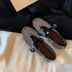 MARY JANES DRESS Women's Flats Grape Mom's New Sparkling Rhinestone Buckle with Round Toe Shallow Mouth Sandals Woman Shoe