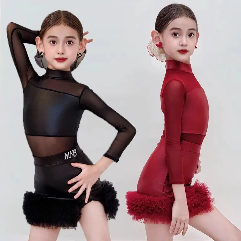 2025 Mesh Long Sleeve Top Skirt Split Suit Latin Dance Dress Chacha Rumba Dance Performance Costumes Competition Suit DQL12011