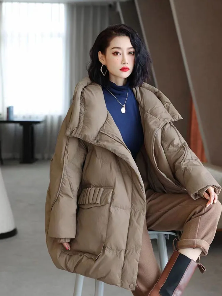 Down Jacket Women\'s New Fashion Winter White Duck Down Coat Drawstring Hooded Loose Puffer Feather Female Parkas Outwear