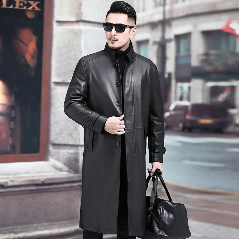 New Genuine Leather Jacket Men Natural Leather Sheepskin Coat Super Long Stand Collar Plush Leather Windbreaker Jackets Men Top