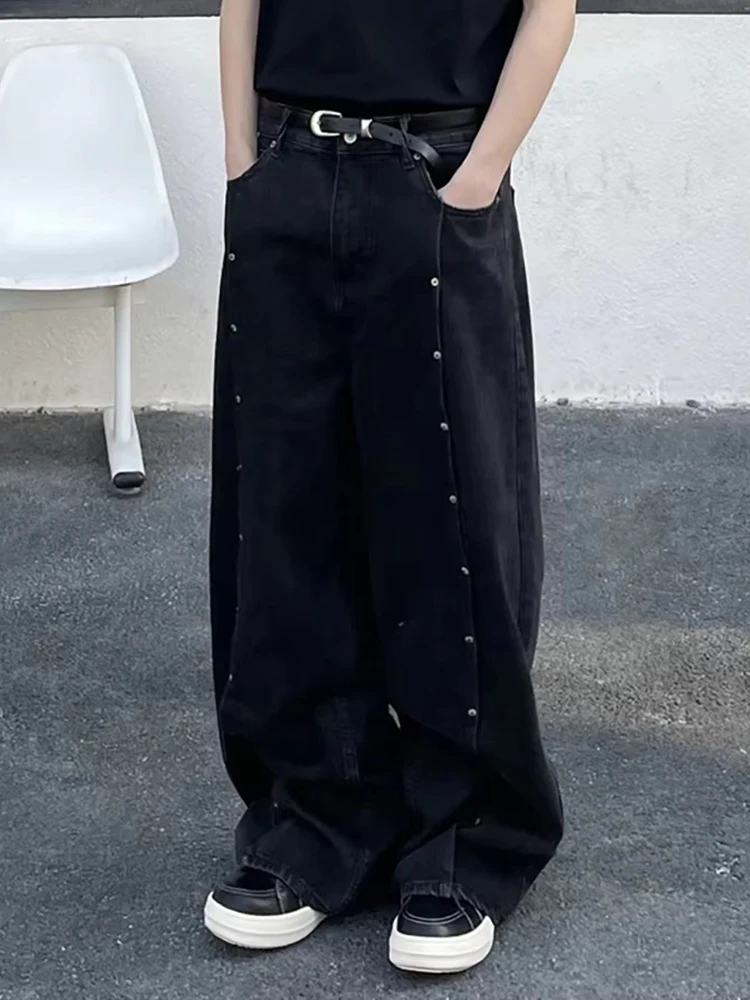 레다치 유니섹스 리벳 스티치 블랙 배기 진 남성 빈티지 워싱 솔리드 오버사이즈 로우라이즈 와이드 스트레이트 팬츠 하이 스트릿 의류
