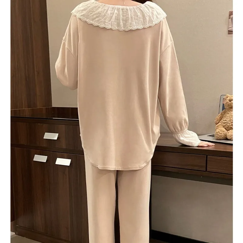 Autumn Women Pajamas Solid Color Simple Pyjamas Round Neck Lace Edge Nightdress Velvet Long Sleeve Sleepwear Warm Home Wear Set