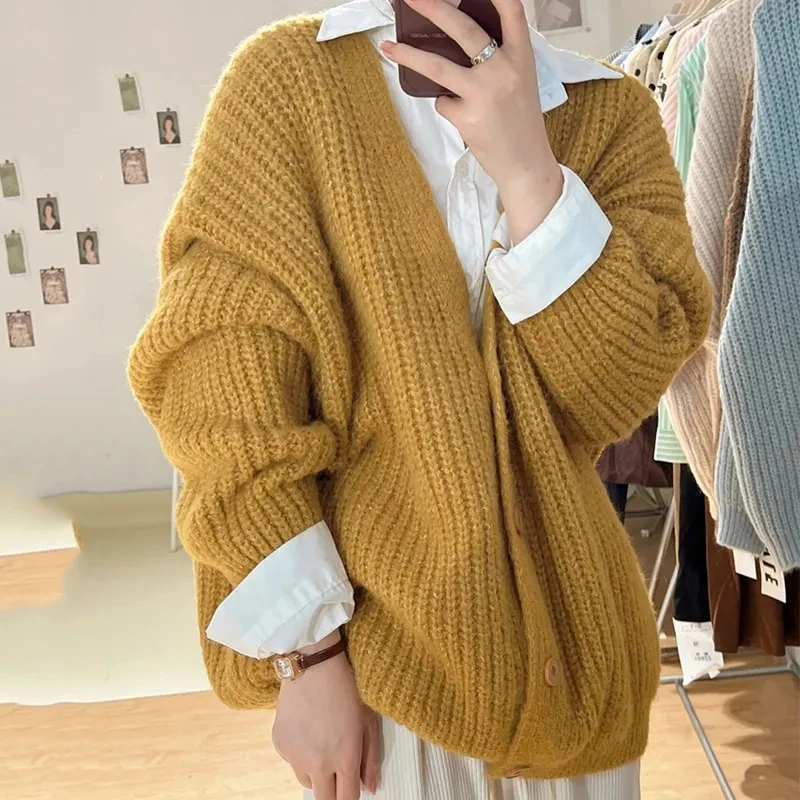 V-Neck Women\'s Sweater Jacket Korean Single Breasted Chic Cardigans Female 2023 Autumn Winter Warm Long Sleeve Knitwear Woman