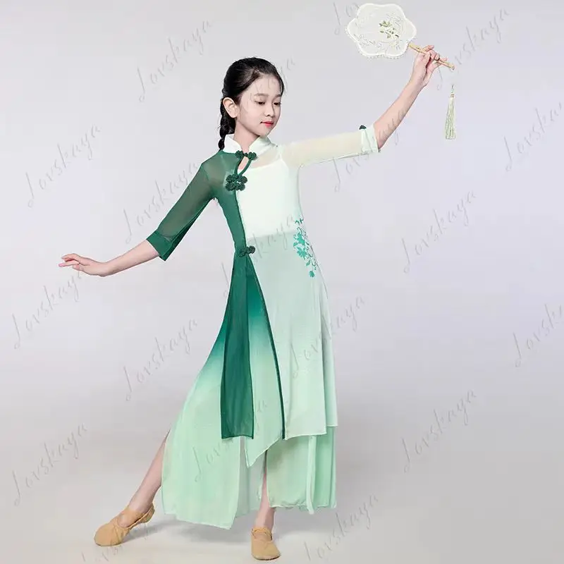 Traje de performance de dança clássica infantil, vestido de seda estilo cheongsam, traje de treinamento étnico fluindo estilo chinês para meninas