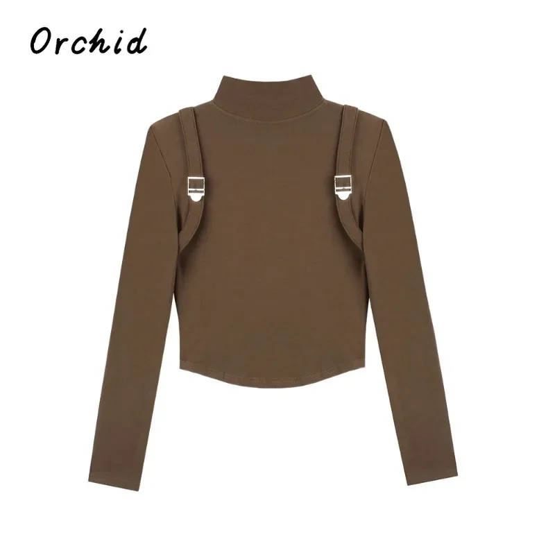 2024 Winter Casual Solid Color Long Sleeve Belt Design T-Shirts Women's Fashion All-Match Vintage Style Basics Brown Tees Tops