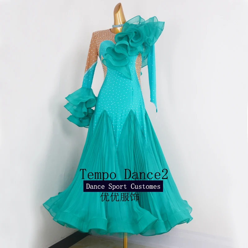 Women Modern Dance Competition Costume New Slap up Big Hem Diamond Dress Tango Waltz Ballroom Dancing Performance Stage Wear