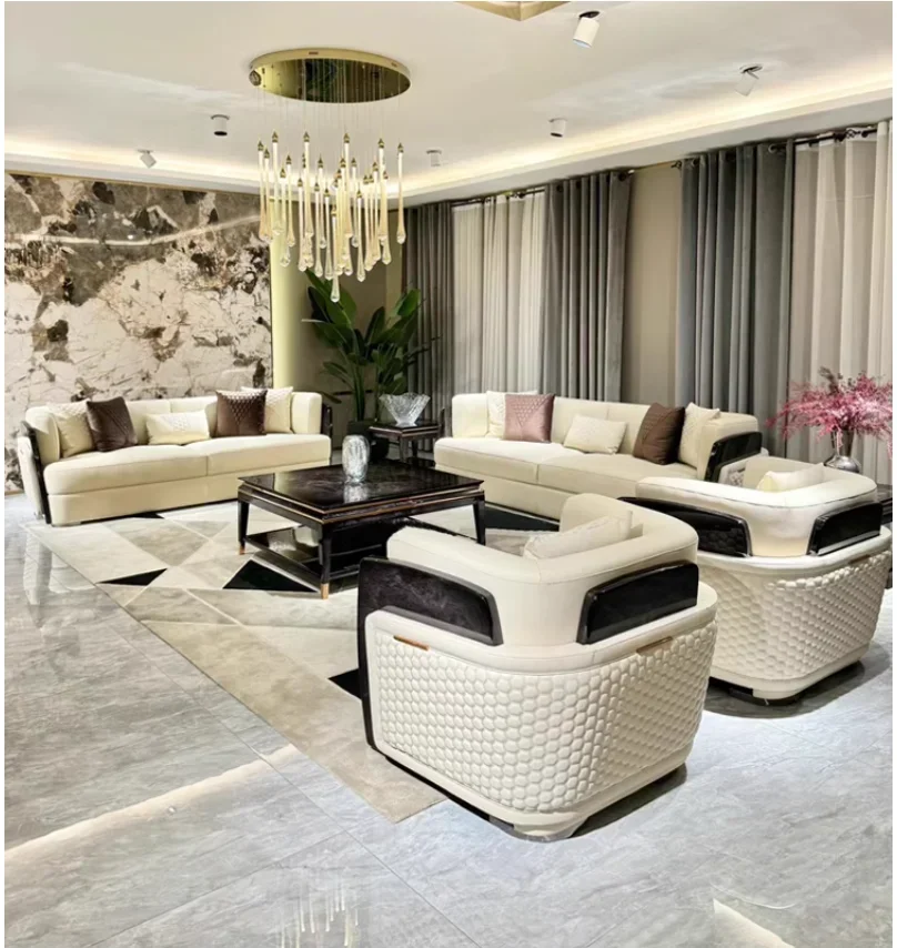 Italian light luxury leather sofa living room large apartment designer upscale villa Bentley furniture