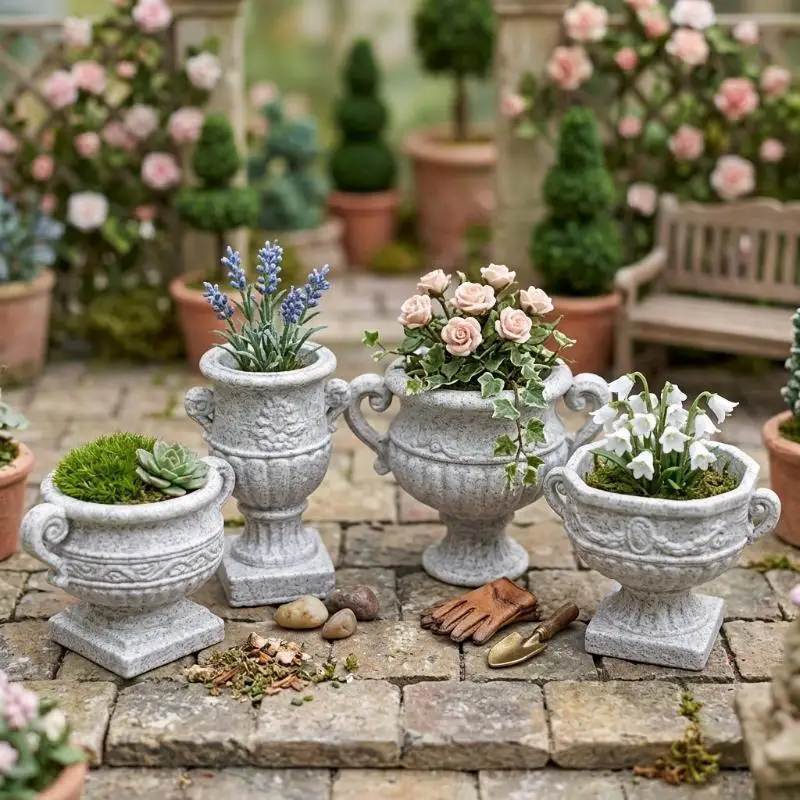 【M】Dollhouse Mini Retro Flower Pot Model Vintage Simulation Garden Planter Ornament Micro Landscape Scene Decor Accessories